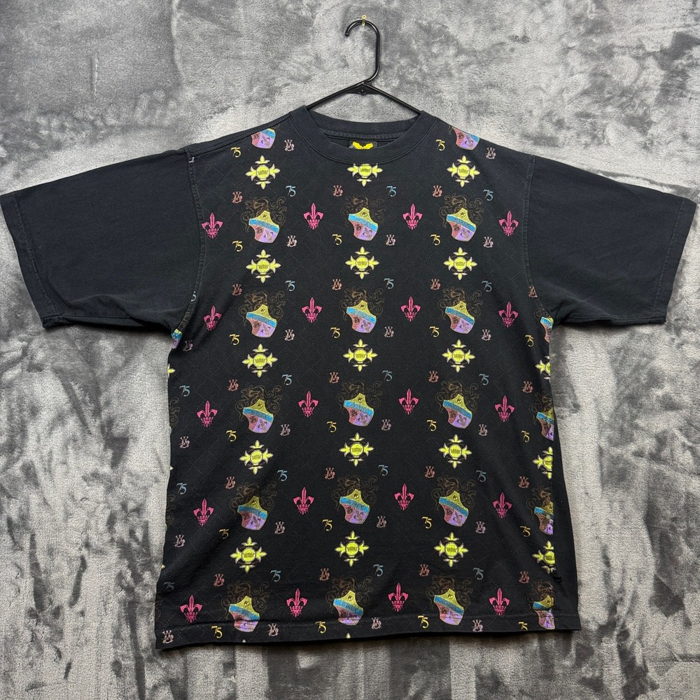 Avirex T-Shirt Mens XL Black Crest Fleur-De-Lis All Over Print Y2K Streetwear
